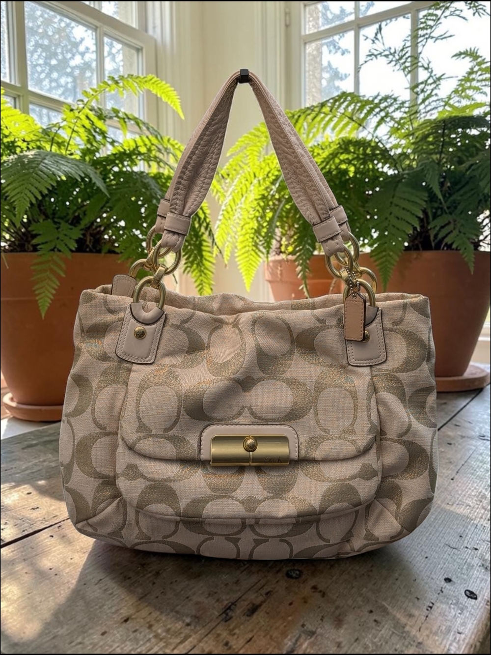 Coach Kristin 16806 Khaki Chalk Signature Canvas Shoulder Bag